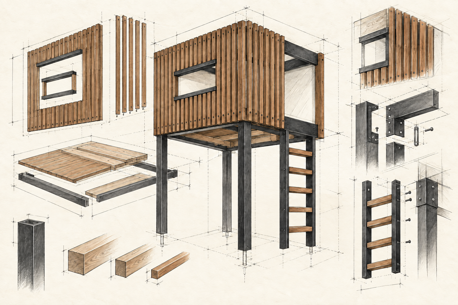 Exploded Boomhut design showing the frame, floor, slats, ladder, window, brackets, and timber sections