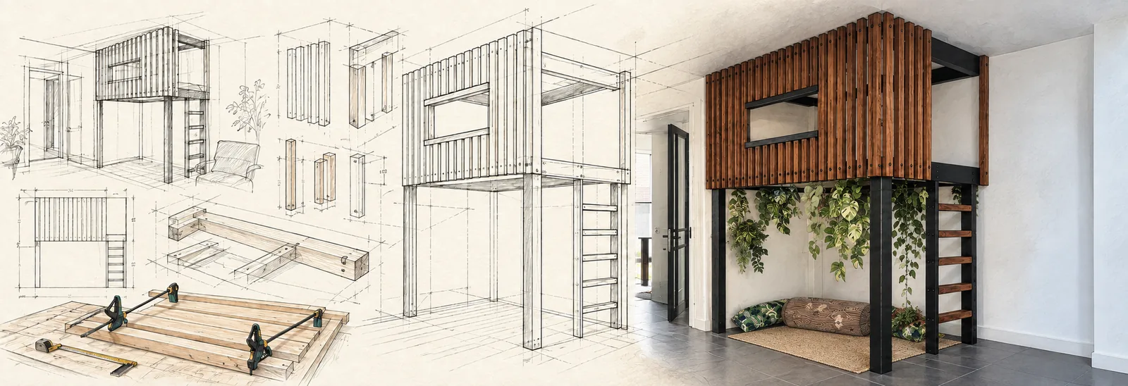Boomhut from pencil plan and timber frame to the finished treehouse