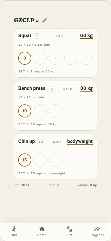 Groot Lift screen showing GZCLP day A1 with squat, bench press, and chin-up set circles