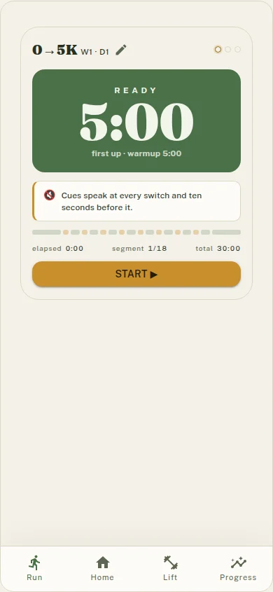 Groot Run screen showing 0 to 5K week 1 day 1 with a five-minute warmup and interval progress strip