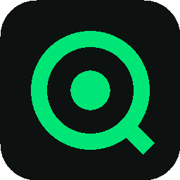 Qubit icon: a bright green magnifying glass inside a charcoal square