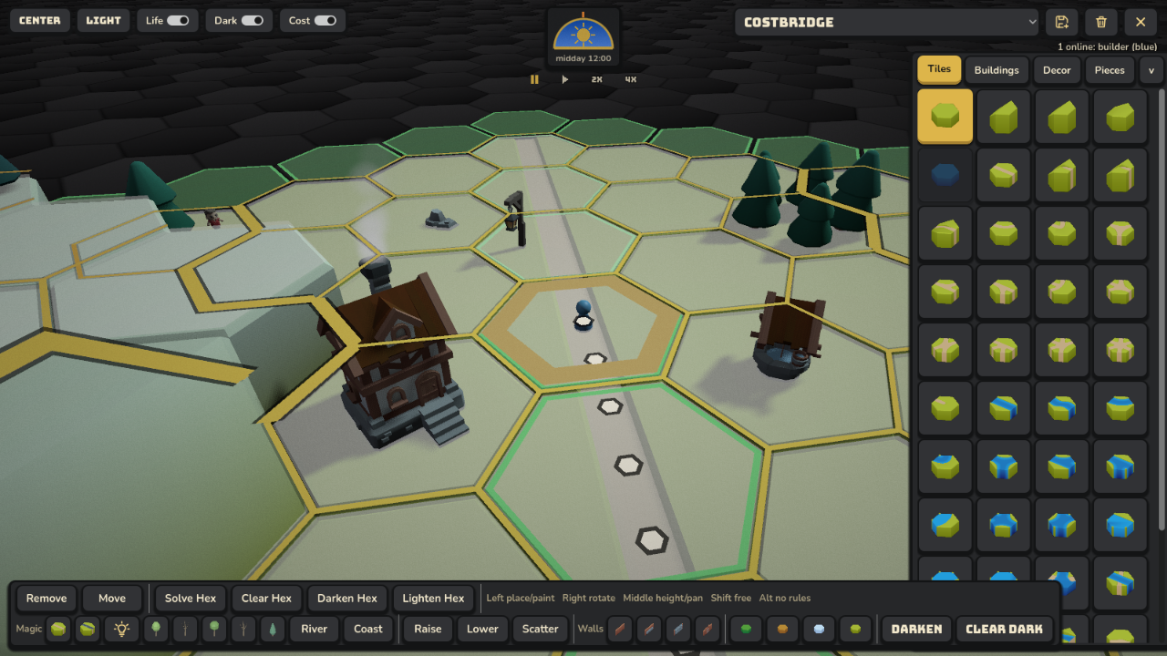 A close view of a Uermend settlement with a timber house, road, villagers, trees, and a builder palette