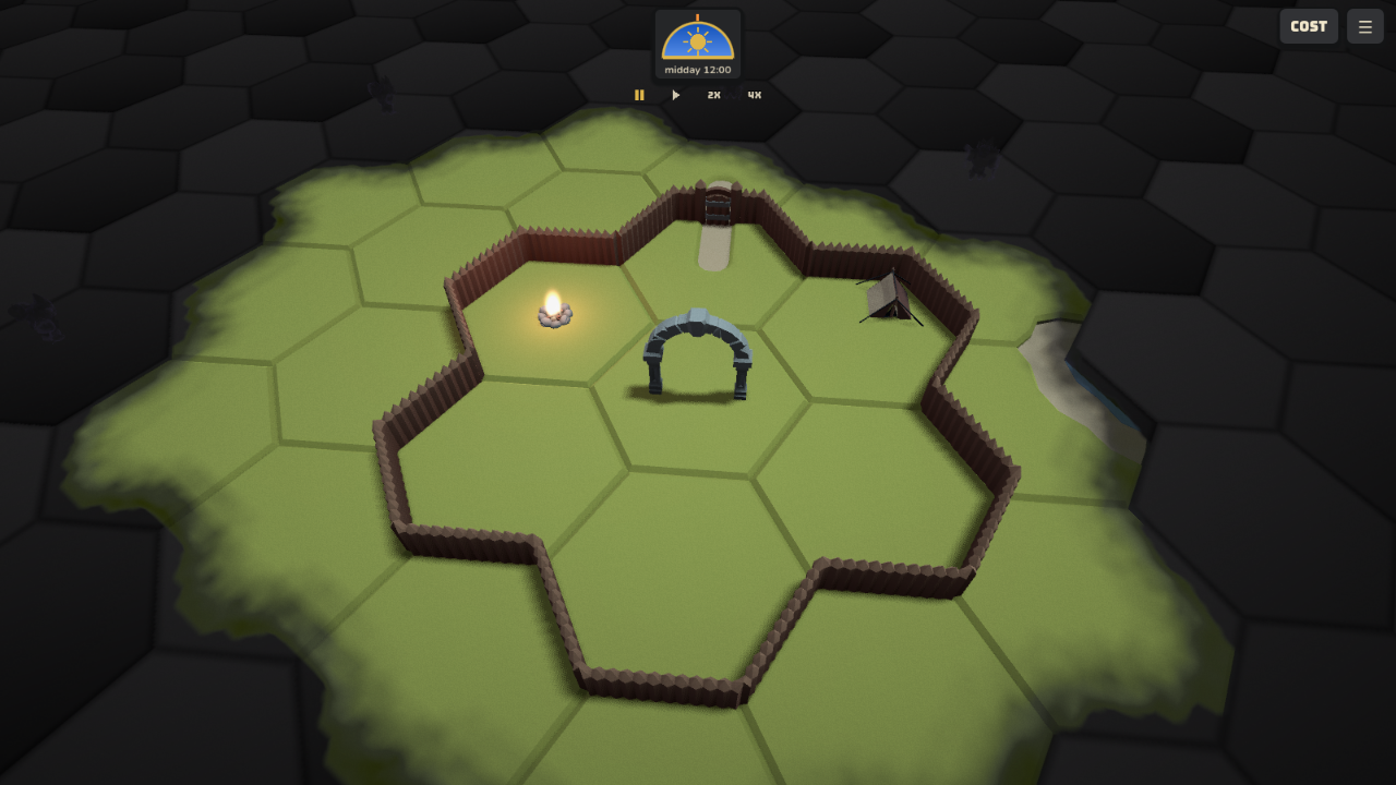 A fenced hexagonal camp with a glowing fire, central stone portal, small tent, and surrounding darkness
