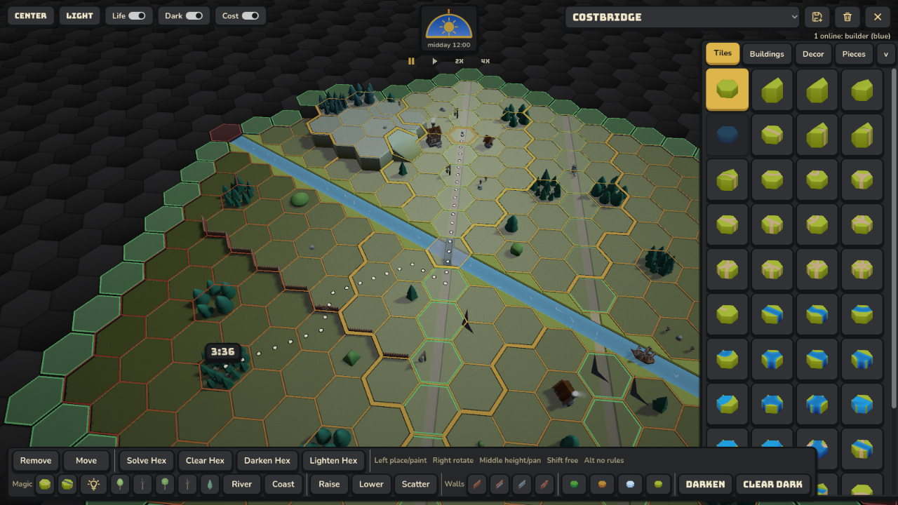 A wide hex world in the Uermend builder with a blue river, golden borders, roads, buildings, and a cost palette open on the right
